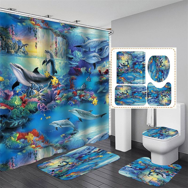 3D Print Shower Curtain Waterproof Polyester Bathroom Curtain Anti-slip Bath Mat Set Toilet Rugs Carpet Home Decor 4PCS