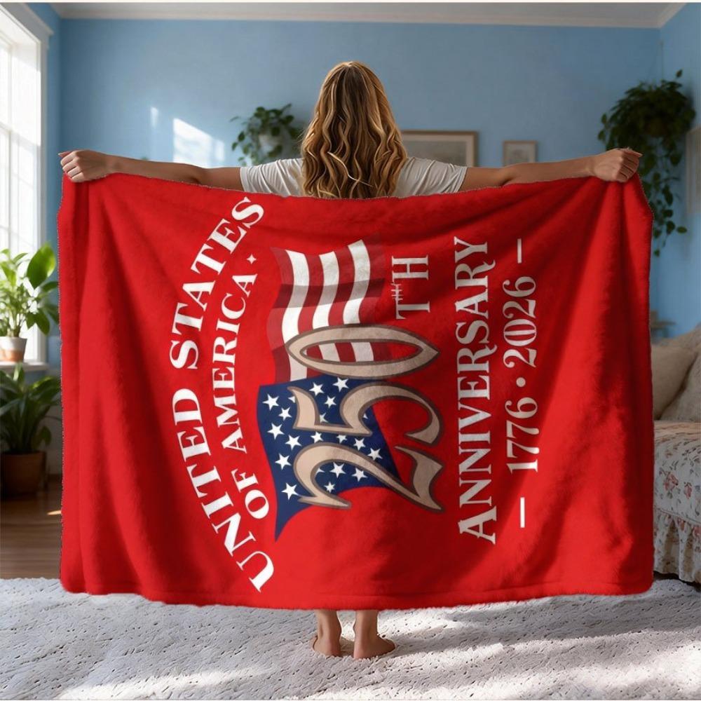 1pc Independence Day 250th Flannel Throw, 2D Flat Print Flannel Blanket, USA 1776-2026 Decor Blanket for Dorm Camping, All-Seaso