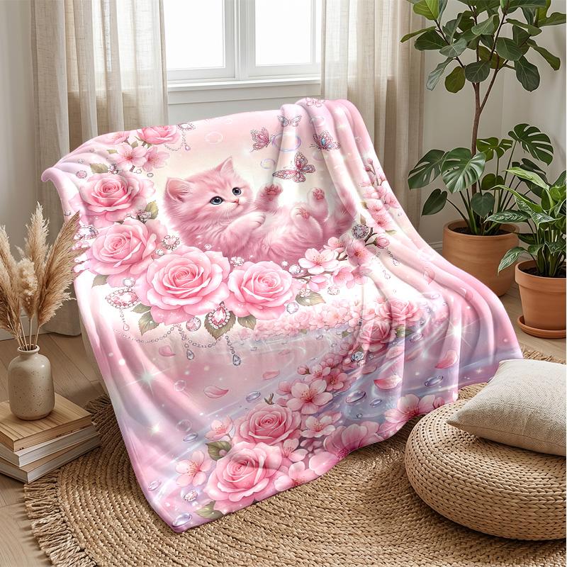 Pink Heart with Kitten and Flowers Theme blanket Lightweight Warm Flannel Blanket Decorative Throw Blanket for Home Decoration