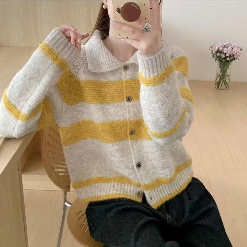 Vintage contrasting color striped polo neck sweater cardigan women's early spring new loose plush long-sleeved jacket