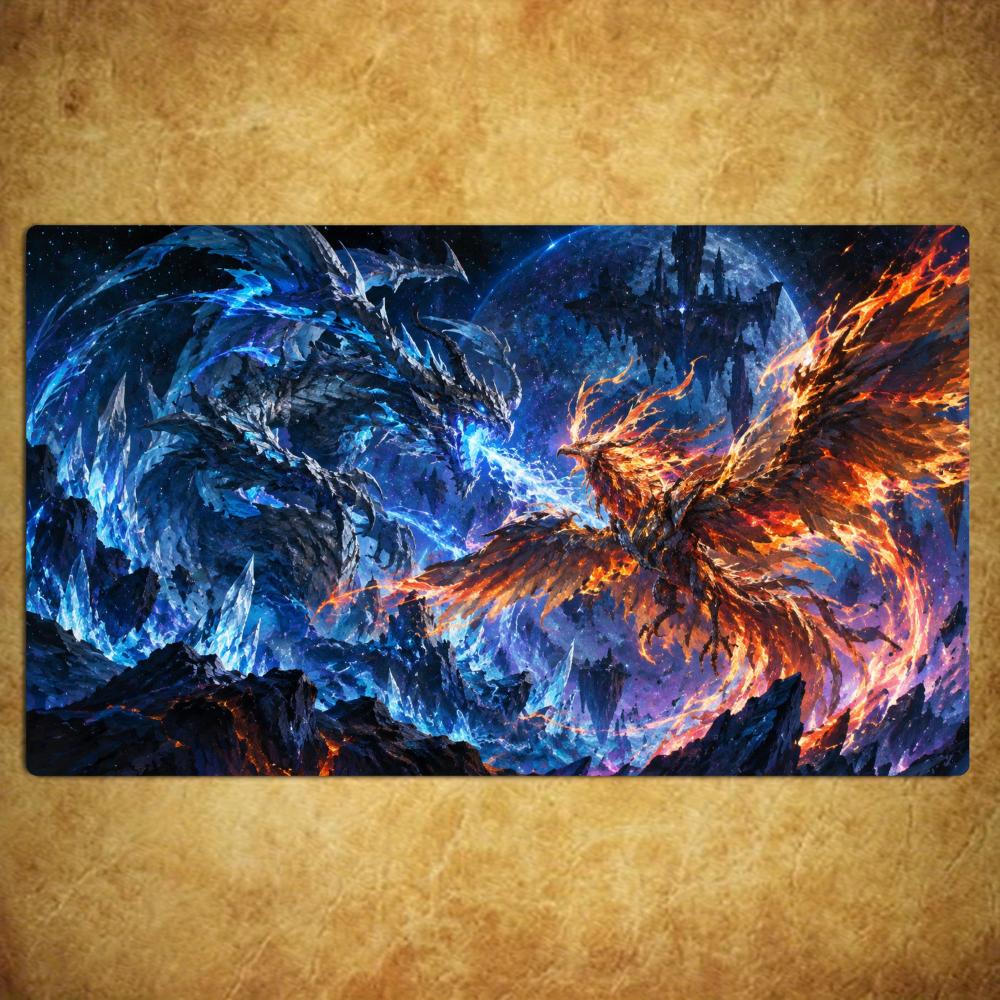 Magic Card Playmat TCG Playmat Ice Fire Phoenix Non-Slip Stitched Edge Mythic Gaming Mats Tapete Magic Mat Card Pad