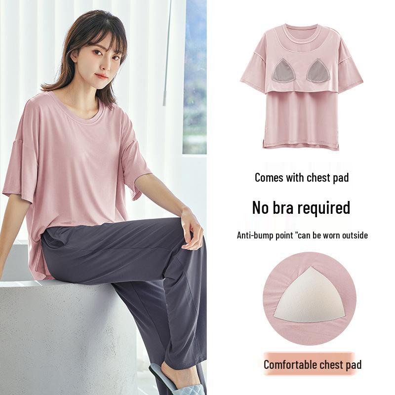 

Женский комплект домашней одежды из двух предметов: футболка с коротким рукавом и длинные брюки из ледяного шелка XXL (67.5-80 kg)