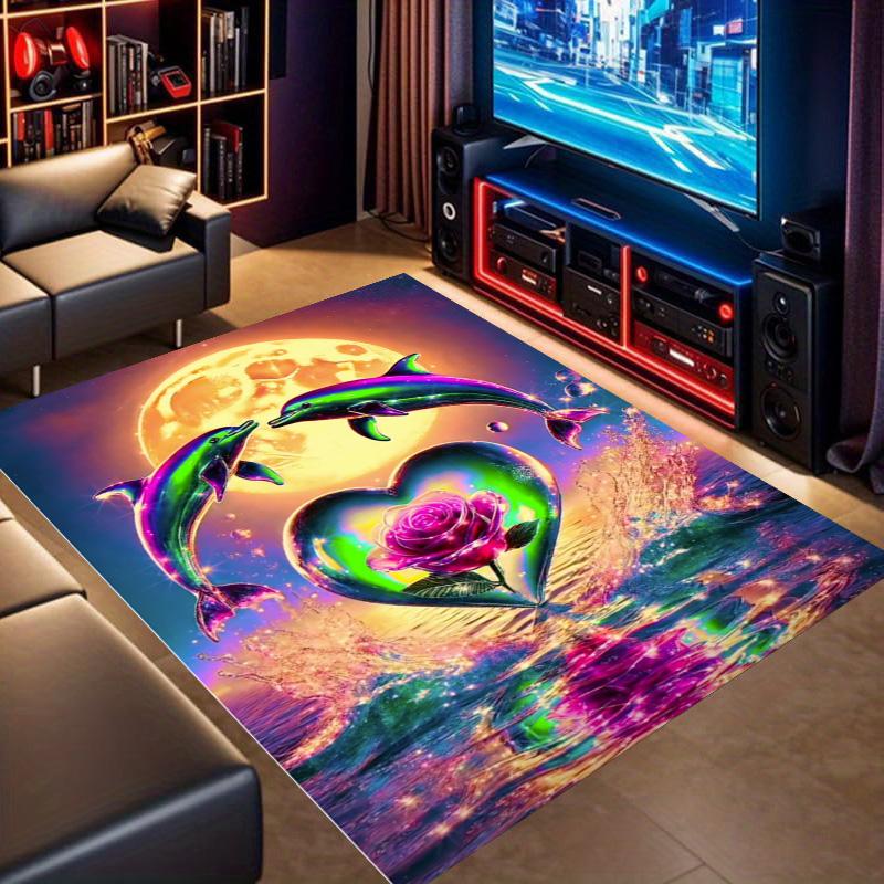Neon Dolphin Heart Rose Moon Ocean Fantasy Print Area Rug Colorful Marine Non‑Slip Rectangular Floor Mat Living Bedroom Home Decor Carpet