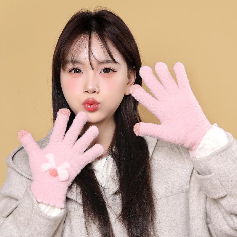 Gestrickte Handschuhe, Damen Herbst und Winter Wolle, warme fünf Finger, niedliche Studenten, die im Winter fahren, neue Schleifen