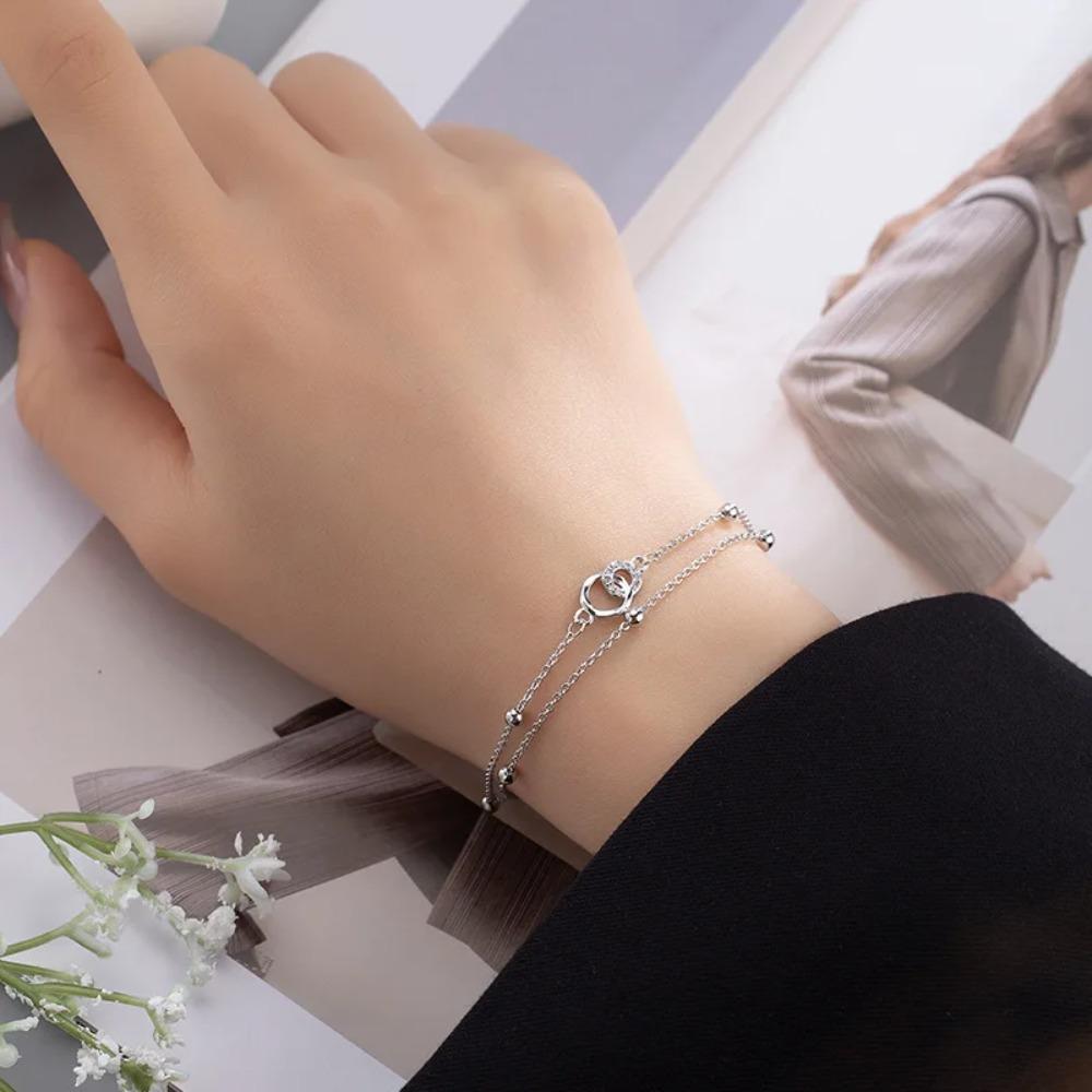 925 Silver Double Love Heart Hollow Beads Bracelet Adjustable Romantic Jewelry for Women Fashion Classic