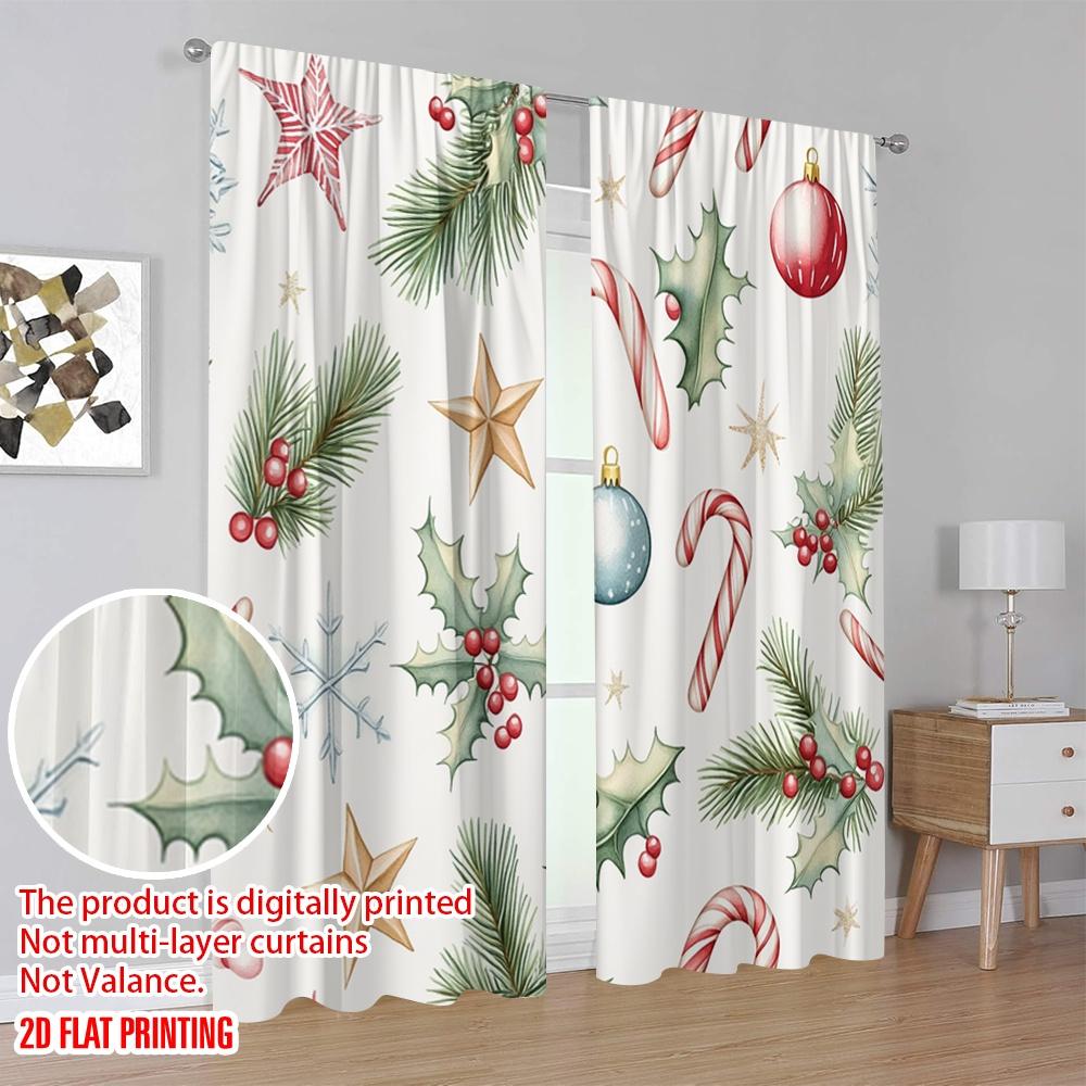 2pcs,2D Plane Printing Minimalist Curtains Christmas Ornaments Pinecones Holly Snowflakes Polyester Fabric (without Rod)