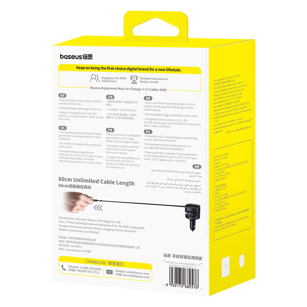 Încărcător Auto BASEUS Enjoyment Max 60W C+C Cablu Dual Design Rotativ Încărcare Rapidă Cabluri Retractabile