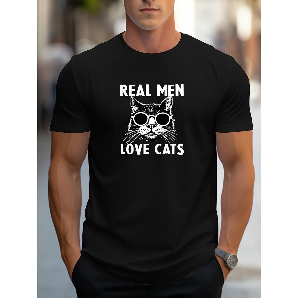 Men s casual short-sleeved round-neck T-shirt Black and white cat pattern Real Men Love Cats slogan print A fun gift S