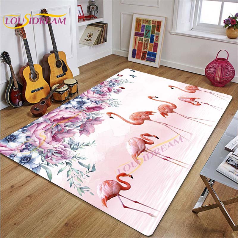 3D Flamingo Rug Carpet for Livingroom Bedroom Kids Room Colorful Modern Rug Non Slip Floor Carpet INS Style Decor Flower Carpet