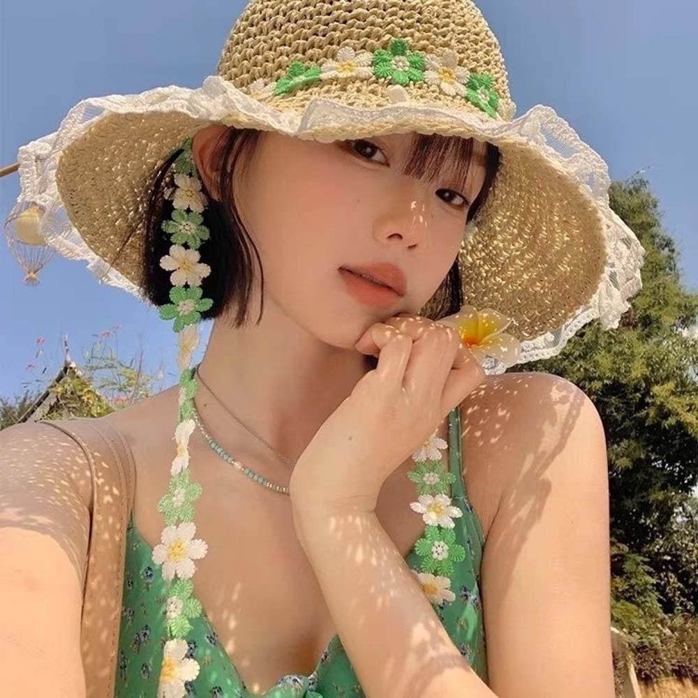 With Garland Vacation Beach Cap Lightweight Woven Sun Cap Live Show Big Brimmed Straw Hat  Daily