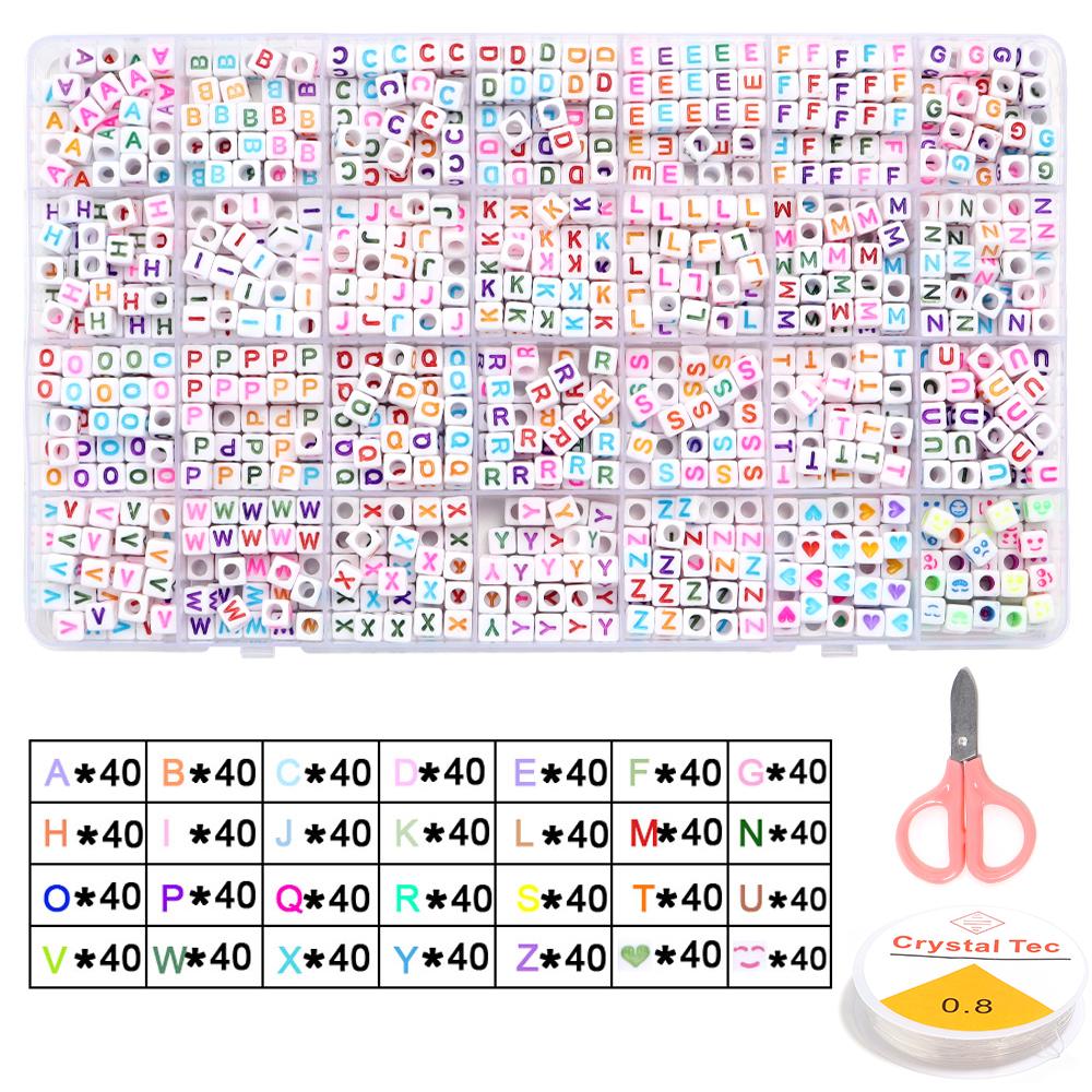 28grids Color Acrylic Letter Beads Kits A-Z Square Round Alphabet Bead Set with Line for Jewelry Making Bracelet Necklace Beaded