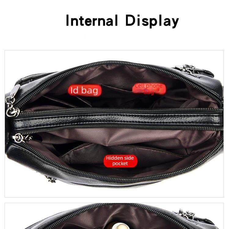 Weiche Leder-Umhängetasche mit mehreren Reißverschlüssen, vielseitige Schultertasche