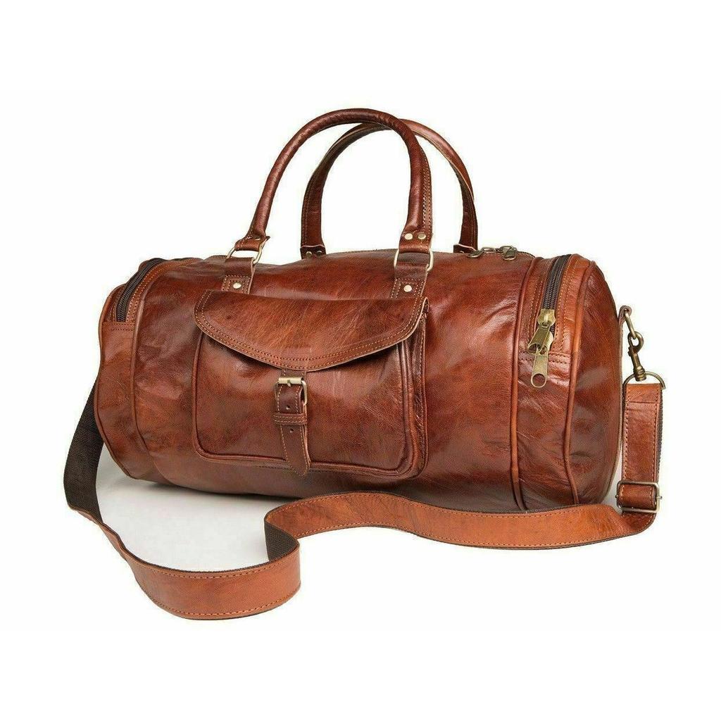 Men Genuine Vintage Duffel Brown New Leather Bag Goat Travel Gym Luggage