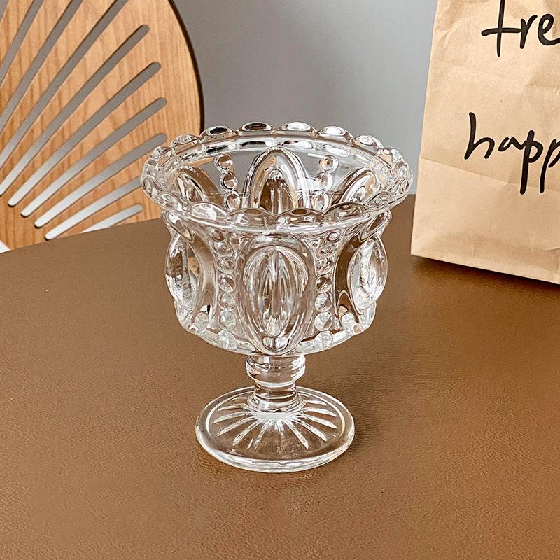 European Style Retro Embossed Tall Glass Ice Cream Cup Whiskey Mugs Pudding Yogurt Dessert Goblet Antique Style Coffee Cup