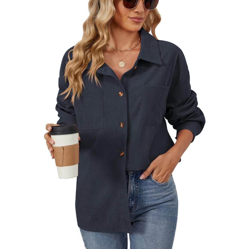 Fall Winter New Corduroy Lapel Long Sleeve Loose Pocket Shirt Jacket For Amazon Europe America Cross-border Foreign Trade