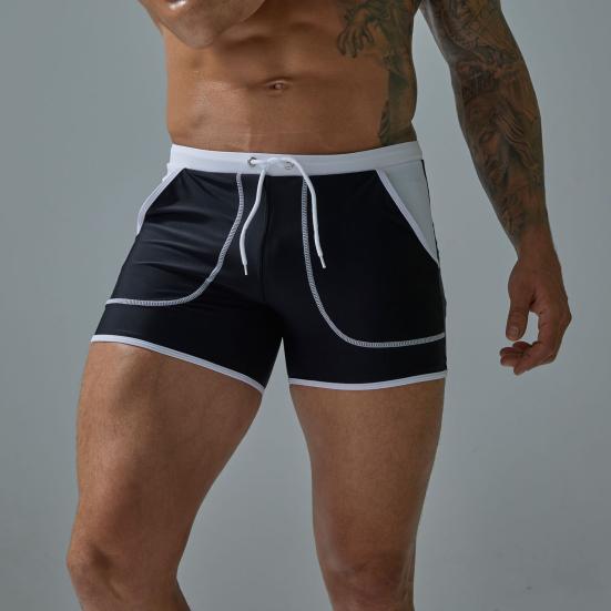 Men Summer Swimming Trucks Mid-rise Drawstring Patchwork Color Pocket Swimming Shorts Quick-Drying Stretch Beach Surfing Shorts