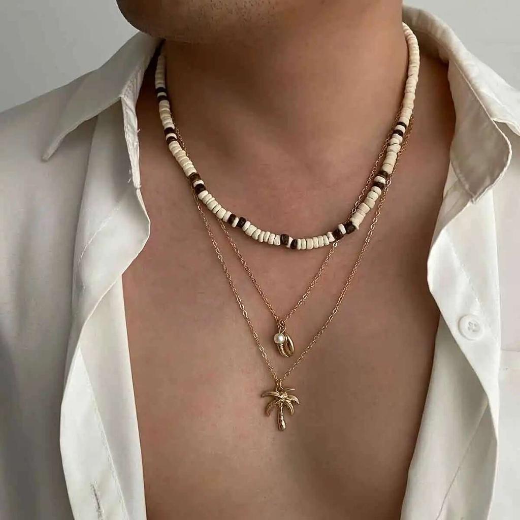 KunJoe 3Pcs Vintage Wooden Beads Chain Choker Necklace for Men Scallop Coconut Tree Pendant Necklace Male Jewelry on the Neck