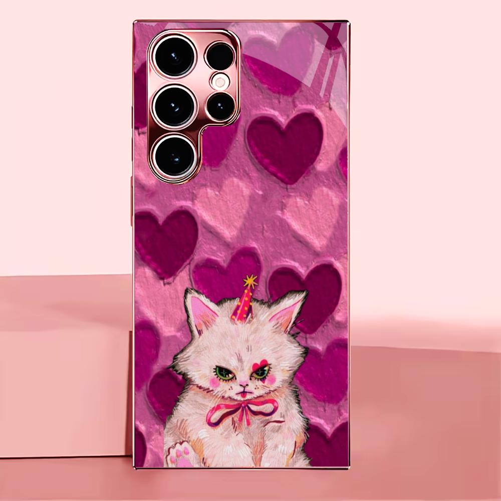 Kind-hearted Kitten Madam Pink Glass PhoneCase for Samsung Galaxy S26 S25 S24 S23 S22 S21 FE Ultra Plus Dropresistant Female