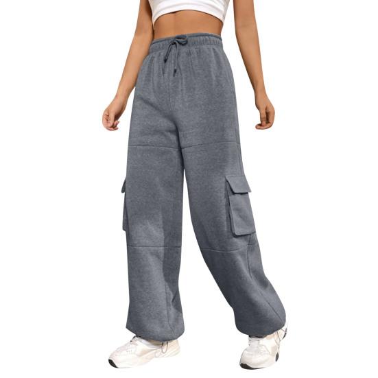 Women Cargo Pants Elastic High Waist Adjustable Drawstring Long Pants with Multi Pockets Wide Leg Design Solid Color Casual Pants