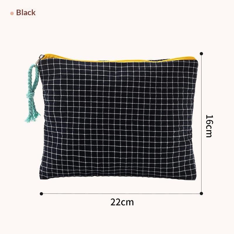 Korean Plaid Cotton Makeup Bag Large Capacity Zipper Cosmetic Storage Pouch Portable Travel Wash Bag For Girls Gift