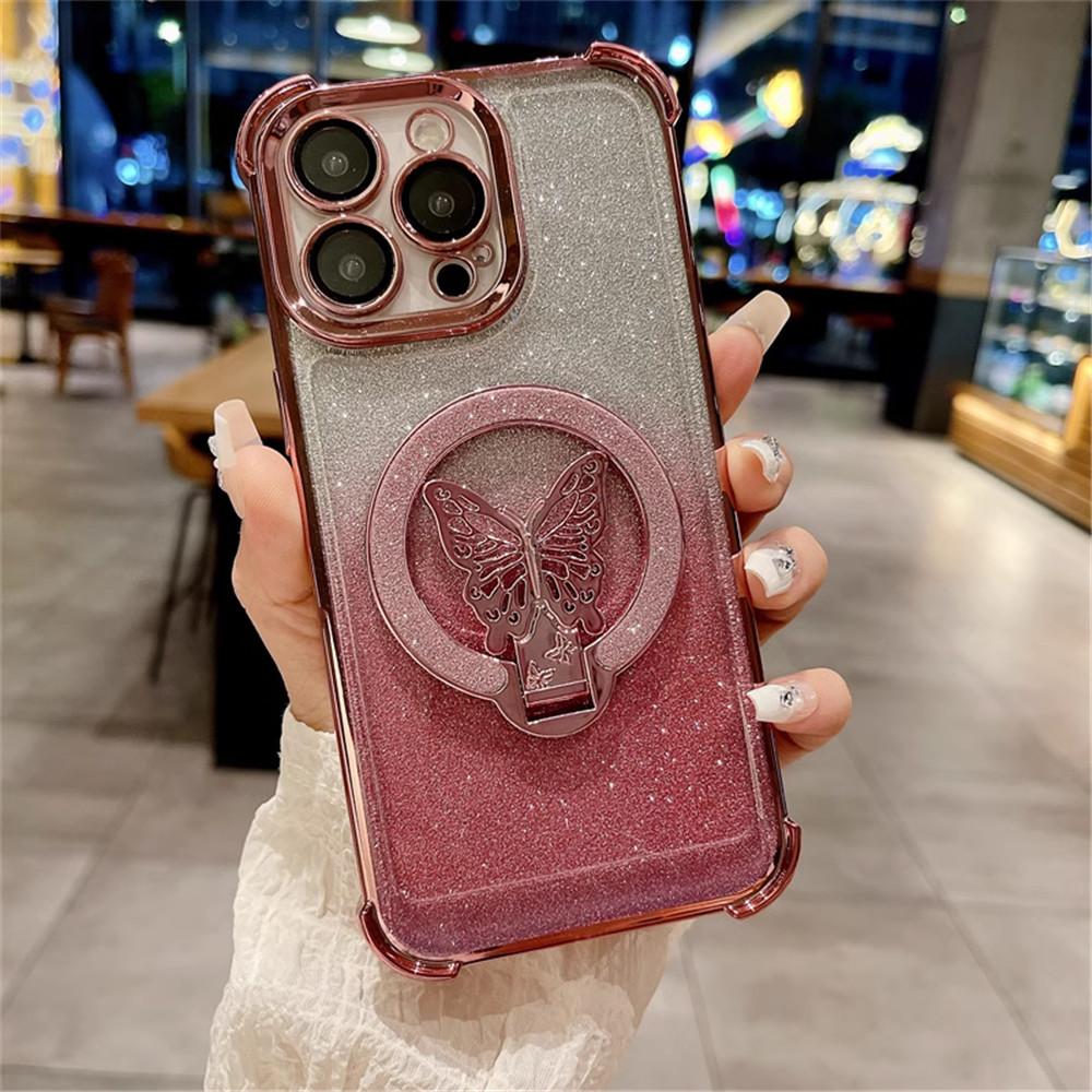 Shockproof Glitter Plating Butterfly Stand Case For OPPO A16 A16S A17 A15 A53 A5 A9 2020 A54S A53S 4G Soft Silicon Bracket Cover