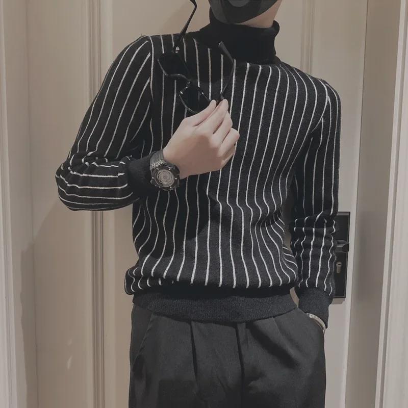 Men's Trendy Striped Slim Turtleneck Sweater for Autumn & Winter