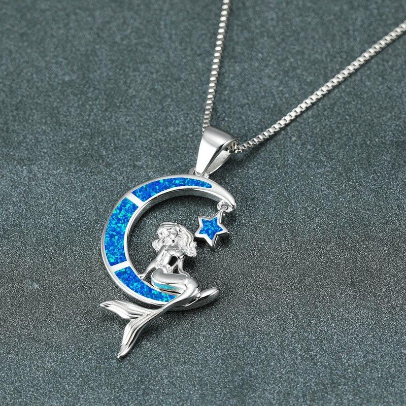 Boho Fashion Mermaid Star Moon Pendant Blue Imitation Opal Silver Color Chain Necklace for Women's Wedding Party Jewelry Gifts