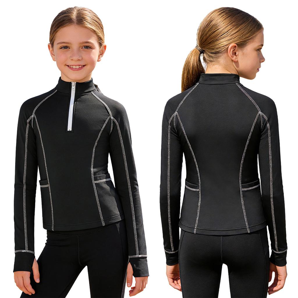 Mädchen Reitshirt: Pullover mit Stehkragen, langen Ärmeln, Reißverschluss, Daumenlöchern und Taschen, Reitsport-Oberteil
