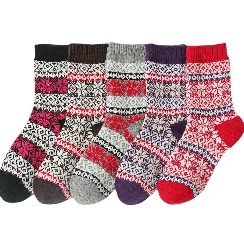 5/10 Pairs Casual Autumn Winter Thickened Warm Socks: Women's Double Layer Octagonal Flower Rabbit Wool Socks Retro Coarse Knit Women's Socks