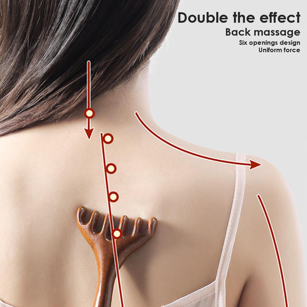 Natural Golden Sandalwood Six-Claw Scalp Massager Gua Sha Tool Back Scratcher Spa Handheld Meridian Massage Comb Hair Care