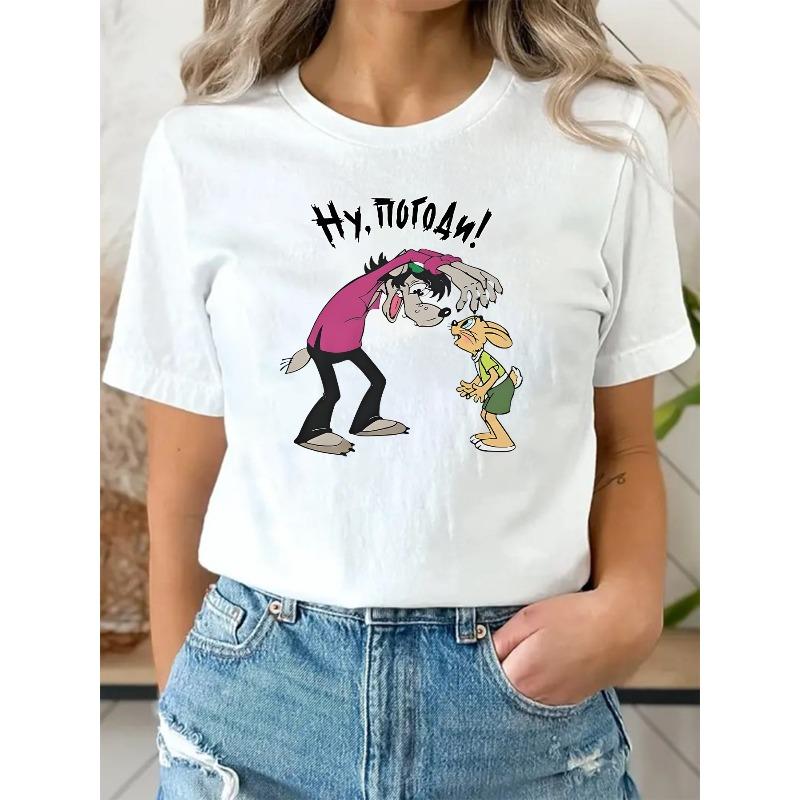 

Women s Egg Tart Special Russian Cartoon Print T-Shirt Fashion Round Neck Short Sleeve Casual Daily Top S белый