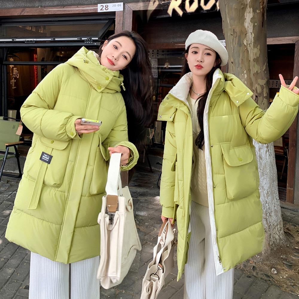 Winter new Korean version hooded medium and long contrasting colors loose thickened padded jacket jacket padded coat women