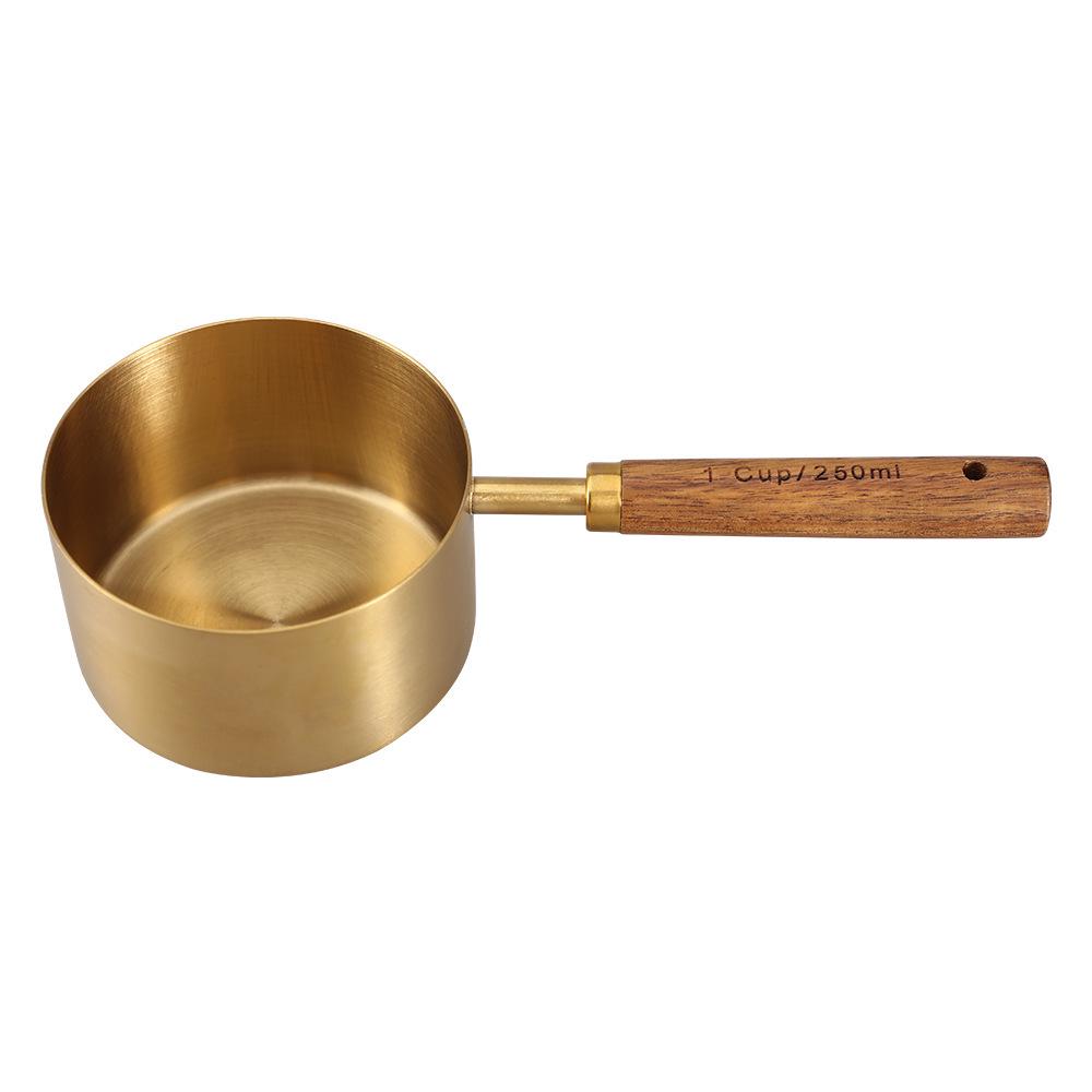 8-Piece Stainless Steel Measuring Cup & Spoon Set with Titanium Gold & Wooden Handles