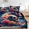 3pcs Skull Surrounded by Roses Butterflies and Celestial Moons Quilt Cover Set (1 Quilt Cover + 2 Pillowcases