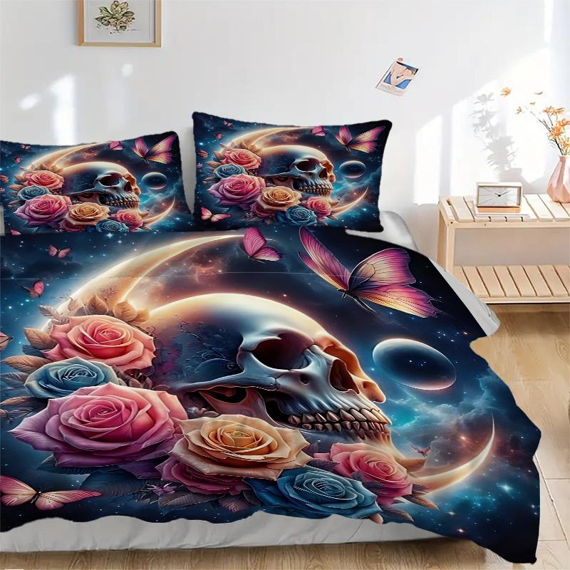 3pcs Skull Surrounded by Roses Butterflies and Celestial Moons Quilt Cover Set (1 Quilt Cover + 2 Pillowcases
