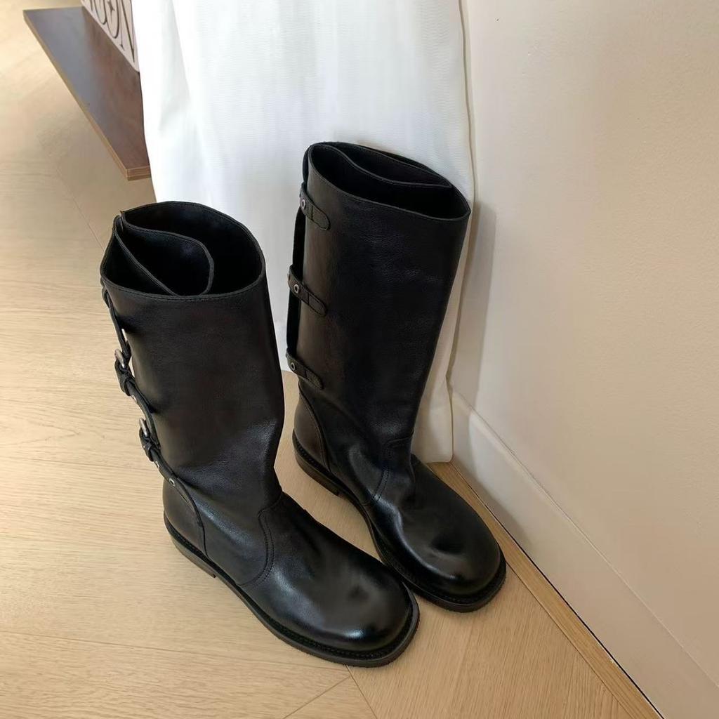 Cowhide version~ Korean version thick heel pleated high boots women's 25 new folded three-wear outdoor locomotive knight boots long boots