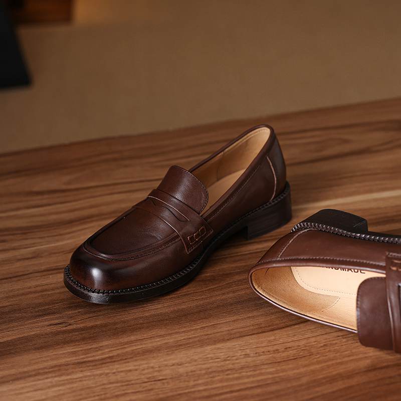 Krazing Pot Kuhleder Runde Zehenpartie Größe 42 Slipper Dicke Mittelhohe Absätze Zum Hineinschlüpfen Gladiator Braun Schwarz Farbe Herbst Pumps