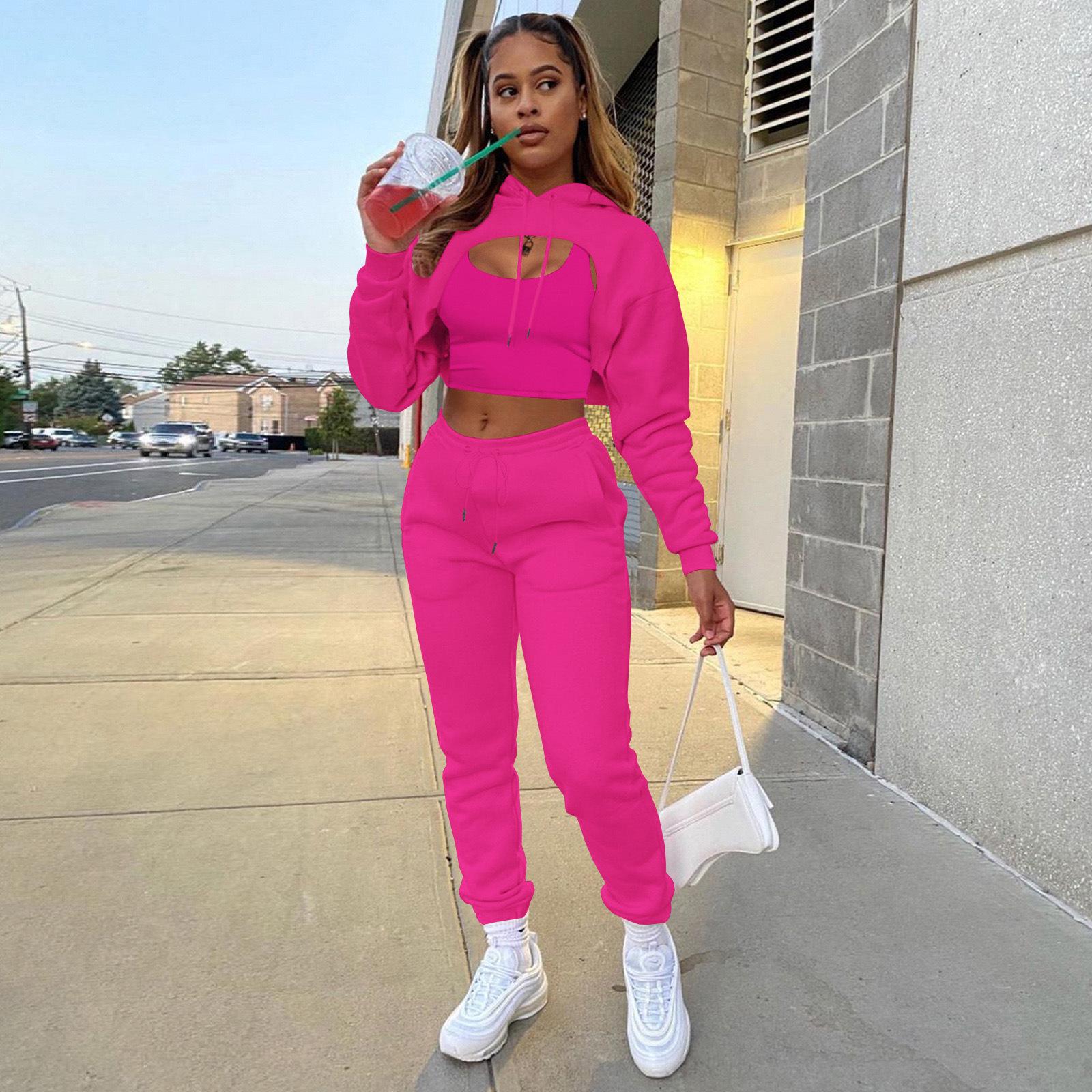 

Women s hooded cape fleece sweatshirt trousers vest suit XXXL рожевий червоний колір