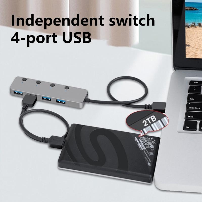 Portable USB 3.0 4 Port Hub with Individual Switches for Easy Peripherals Connection Fast Data Transfer Plugs and Play