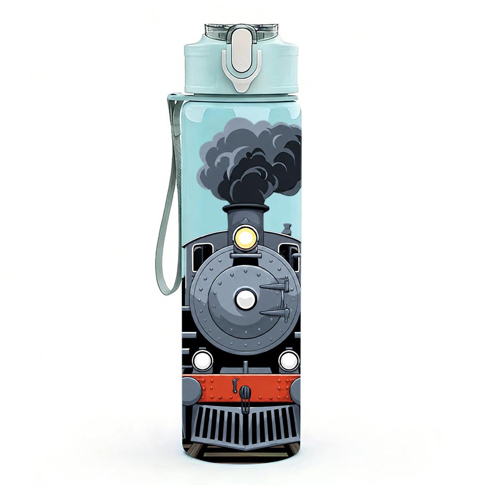 1PC Vintage Steam Train Graphic 750ml Color Plastic Water Bottle Leakproof Flip Straw Lid For Sports Office Home Use