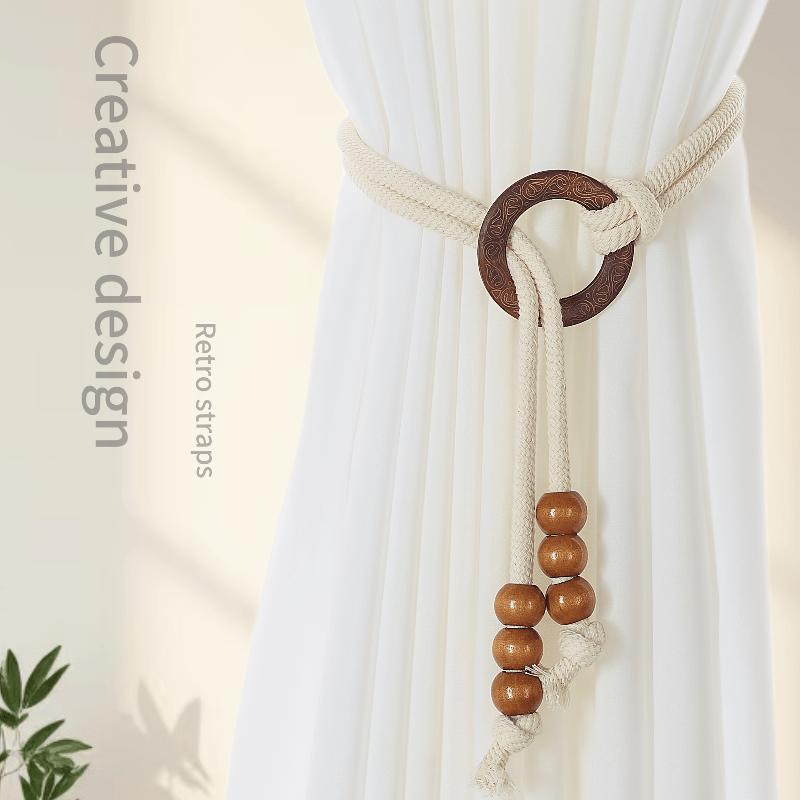 2Pcs Adjustable Drawstring Design Vintage Natural Wood Curtain Tiebacks - Elegant Window Decor for Living Room Bedroom - Standard & Sheer Curtains