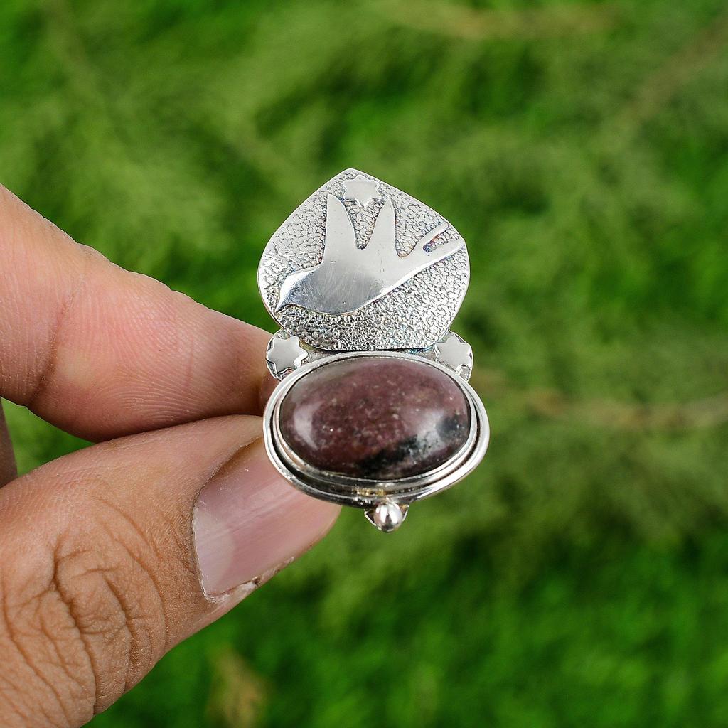 Womens day Deal Oval Rhodonite Stone Sterling Silver Solitaire Bird Bezel Ring