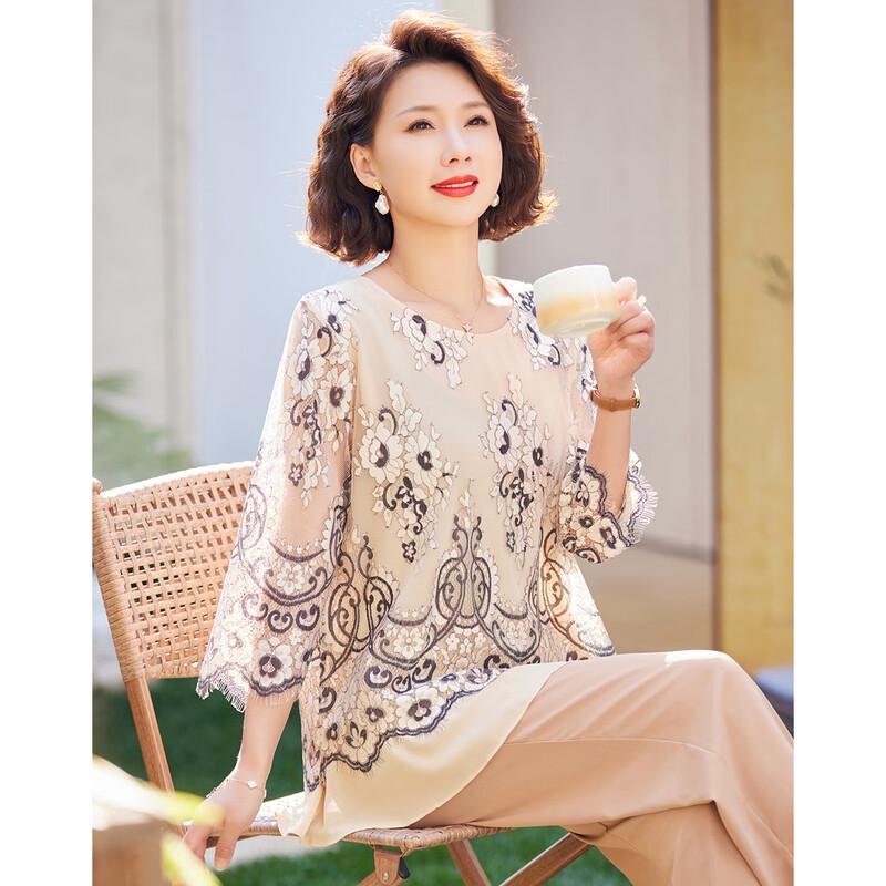 Passite Faux Two-Piece Lace T-Shirt for Middle-Aged Women