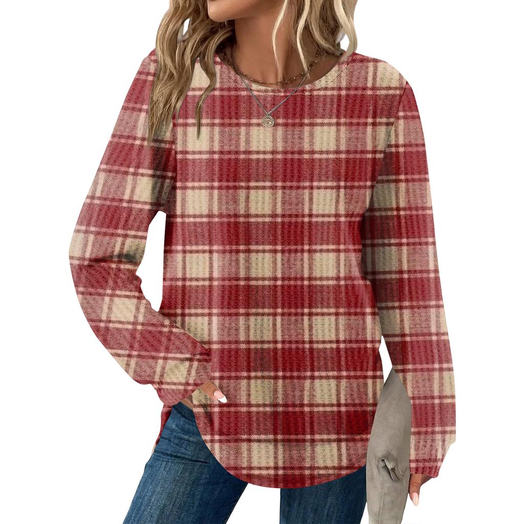 Women's Plaid Print Round Neck Long Sleeve Casual Loose Top