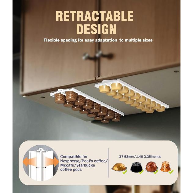 Coffee Pods Holder Compatible for 24 Nespresso Vertuo Pods, Adjustable Capsule Organizer for 37-58mm/1.46-2.28inch K-Cups Pods, Ideal Space Saving