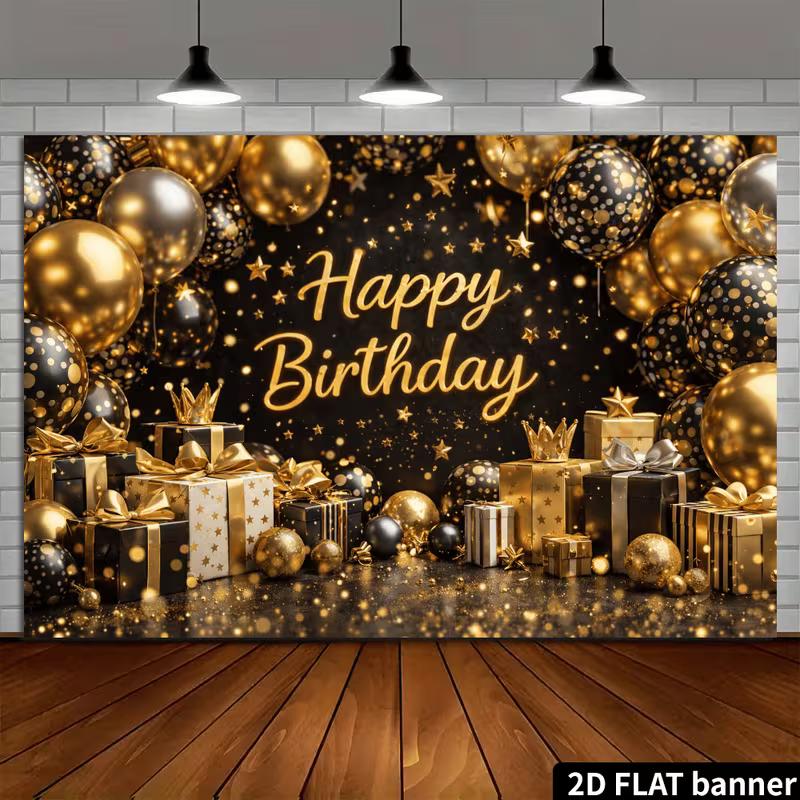 2D Black Gold Happy Birthday Backdrop Banner Photography Background Party Decor