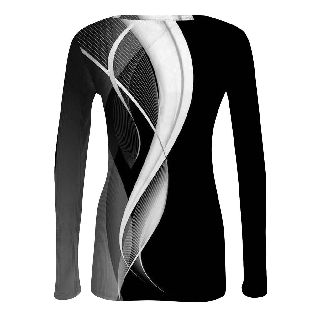 Women's Winter Slim-Fit Base Layer T-Shirt Fashionable Print V-Neck Pullover Long-Sleeved Top