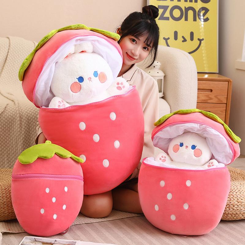 Creative Plush Toy Stuffed Soft Rabbit Pig Hiding in Strawberry Bag  Fruit Animal Pillow Toys Gift New