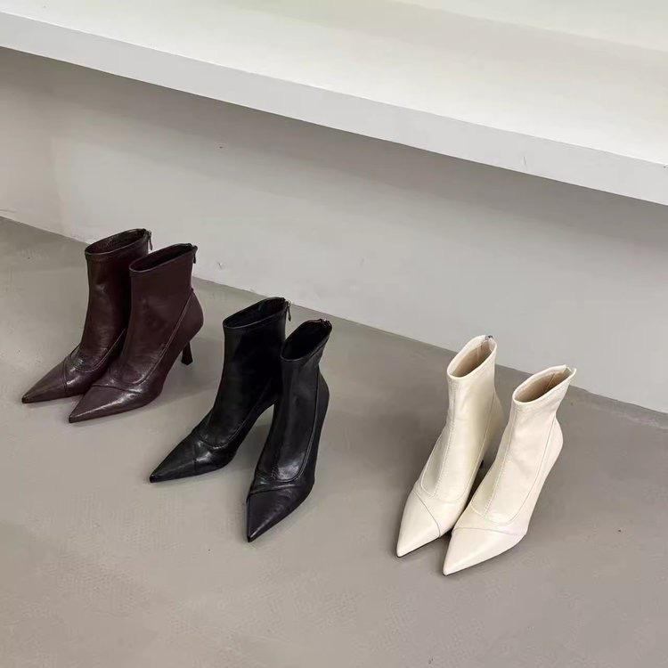 Pointed short boots women's high-heeled thin-heeled rear zipper splicing new autumn and winter fashion elastic thin boots