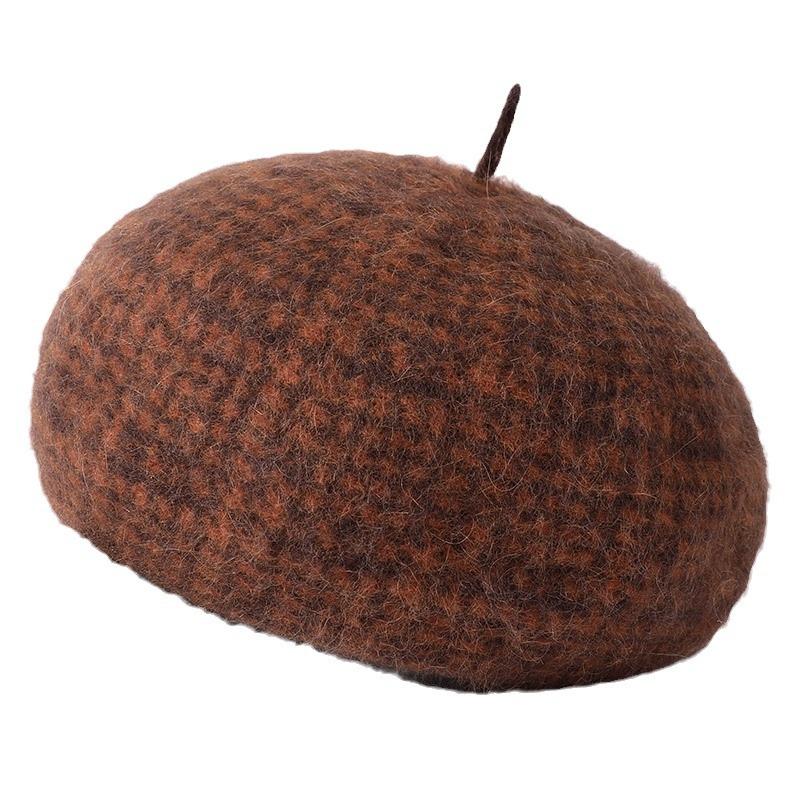 Hat Female Angora Rabbit Wool Blended Plaid Beret Autumn and Winter Retro Warm Pumpkin Hat